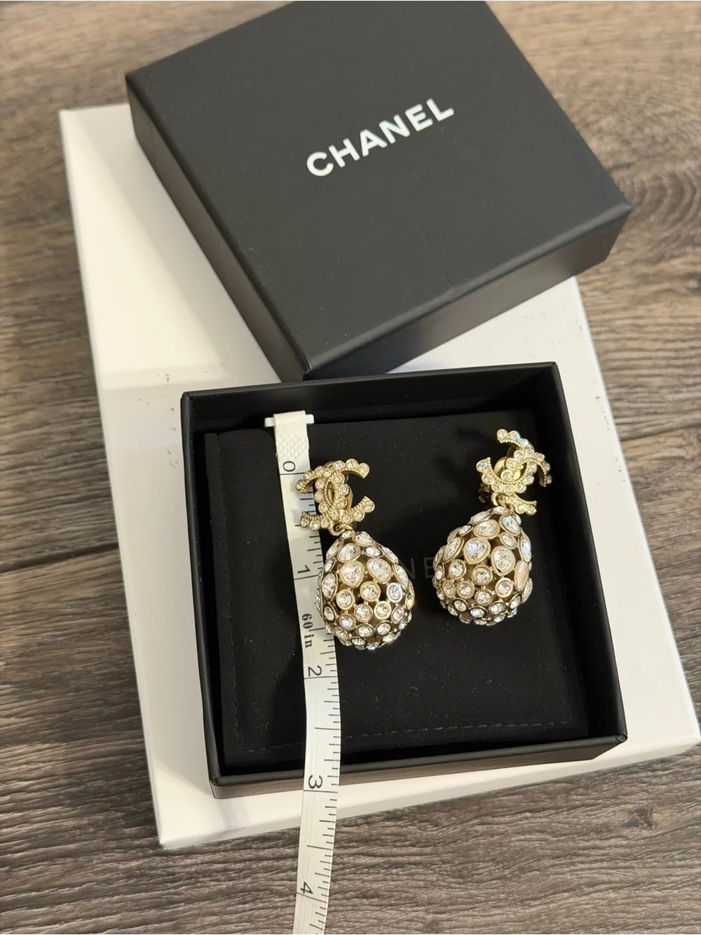 CHANEL Gold and Silver Crystal CC Teardrop Clip On Dangle Earrings